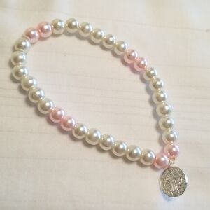 New Pink Pearl Glass Silver Medal Religious Bracelet
